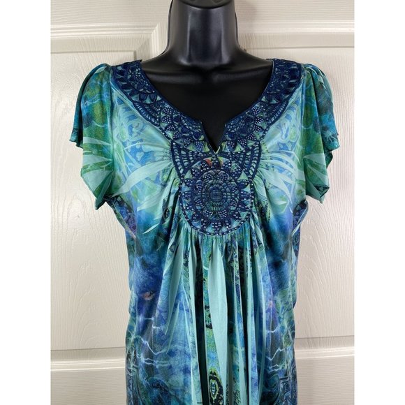 Apt 9 Blouse Women Blue Green Short Sleeve Stretch Smooth Knit Top Size Medium M - Picture 3 of 11